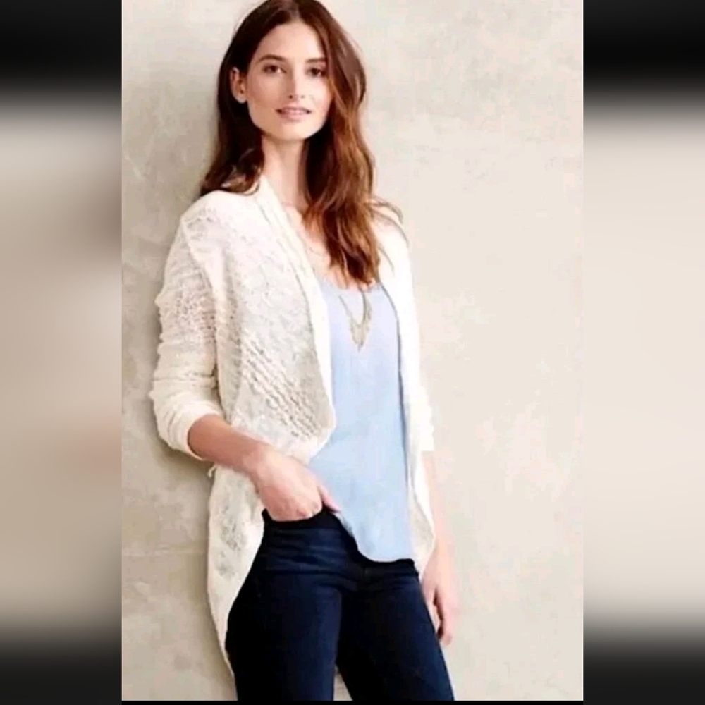 Anthropologie Knitted & Knotted Long Length Ivory Cream Open Front Cardigan Sz M